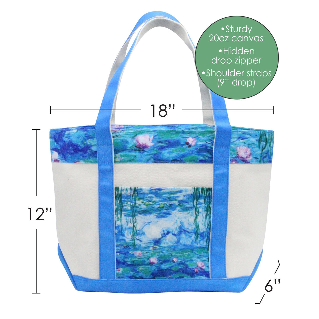Monet Nymphéas Large Canvas Boat Tote – Zipper Top & Pockets