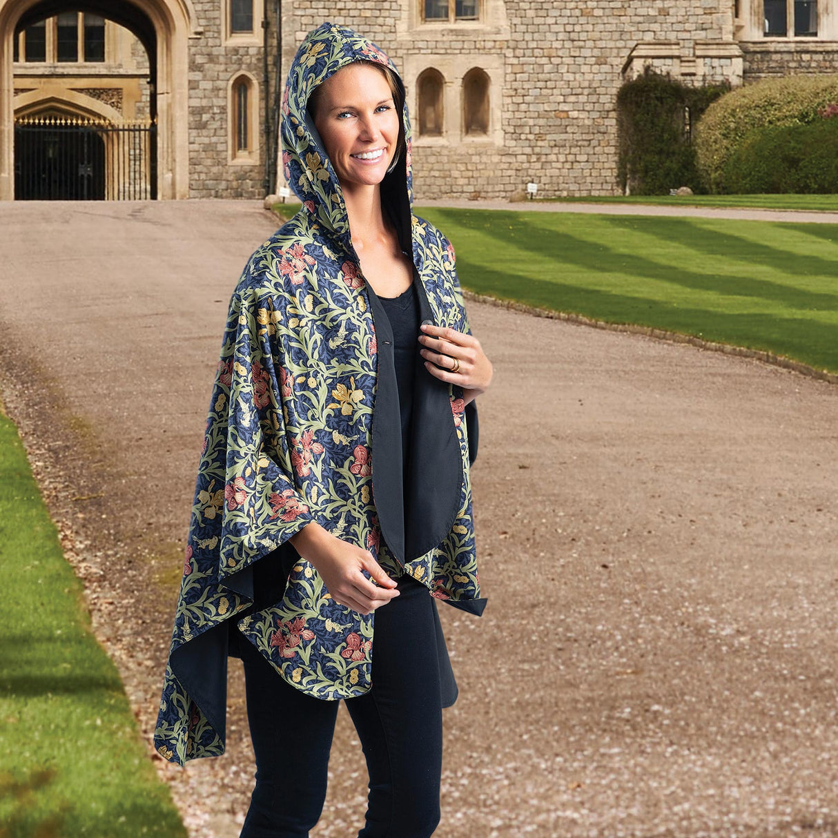 Black & William Morris Golden Flowers Womens Rain Cape - Rainproof Breathable Rain Poncho
