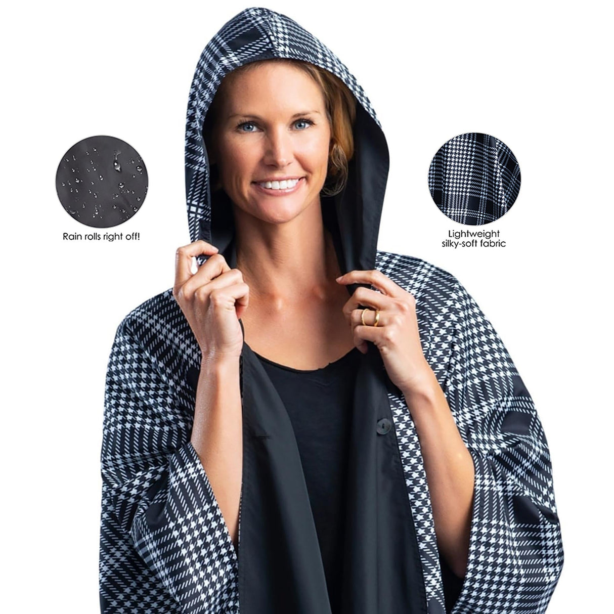 Black & Houndstooth Hooded Rain Cape – Lightweight Women's Rain Wrap