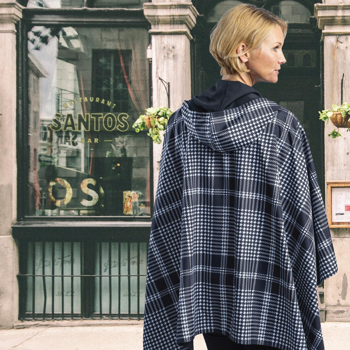Black & Houndstooth Hooded Rain Cape – Lightweight Women's Rain Wrap