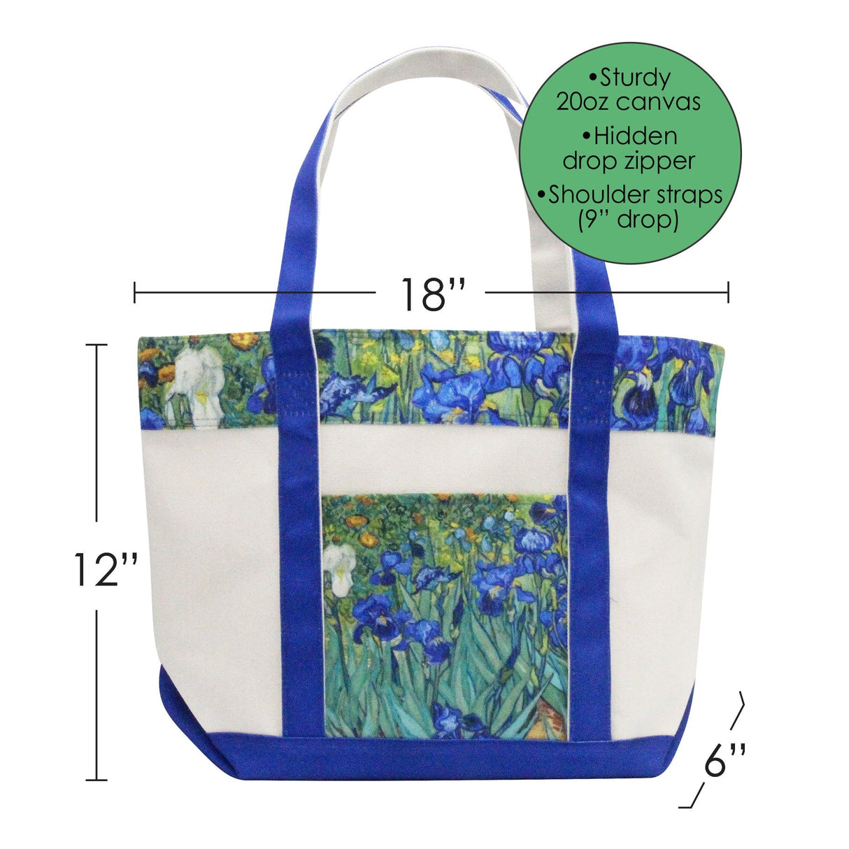 van Gogh Irises Large Canvas Boat Tote – Zipper Top & Pockets