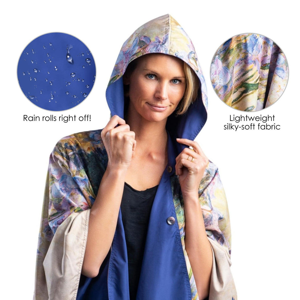 Tiffany Peonies & Iris Reversible Rain Cape – Lightweight Hooded Wrap for Women