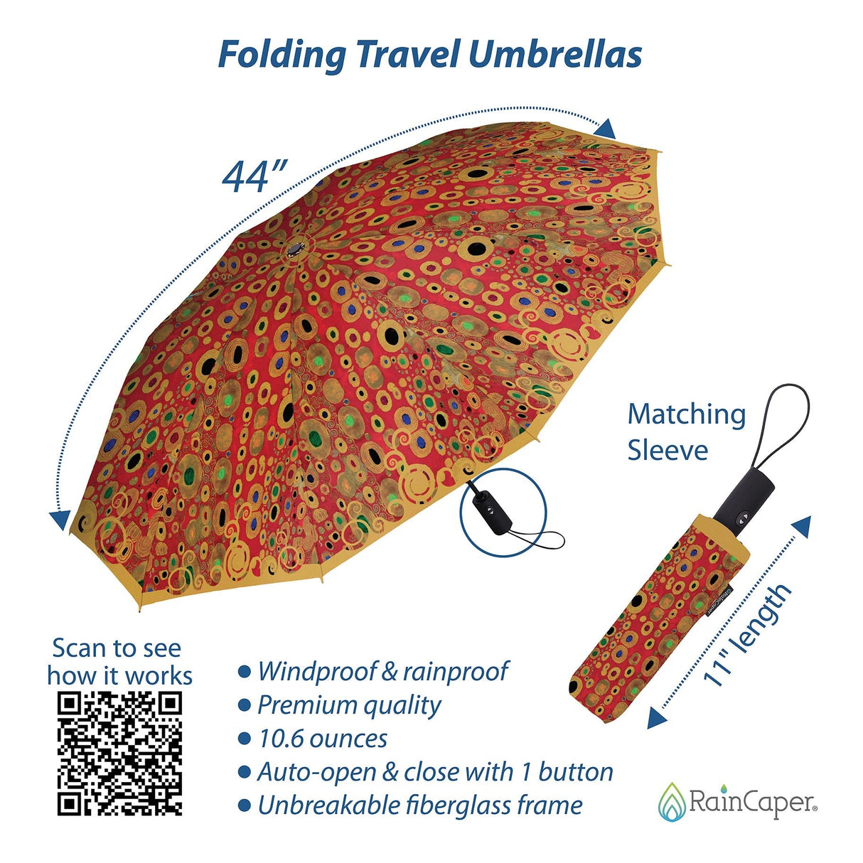 Klimt Hope II Red Travel Umbrella – Compact, One-Touch Open & Close