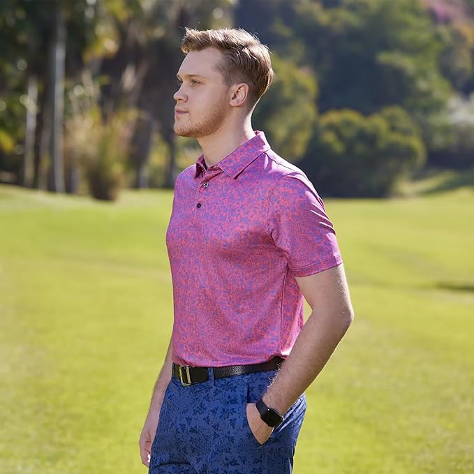 Men's Golf Polo Shirts Short Sleeve Striped Performance Moisture Wicking Dry Fit Golf Shirts for Men