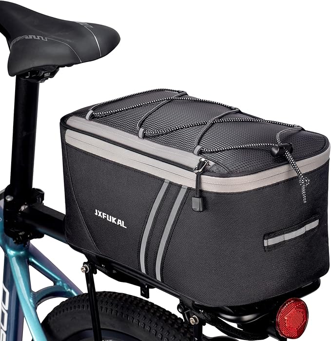 JXFUKAL Rear Bike Rack Bag with Rain Cover, 7L/9L/10L/12L Waterproof Bicycle Ebike Saddle Bag Cycling Pannier Trunk Carrier with Reflector & Adjustable Cord for Commuter Travel Outdoor