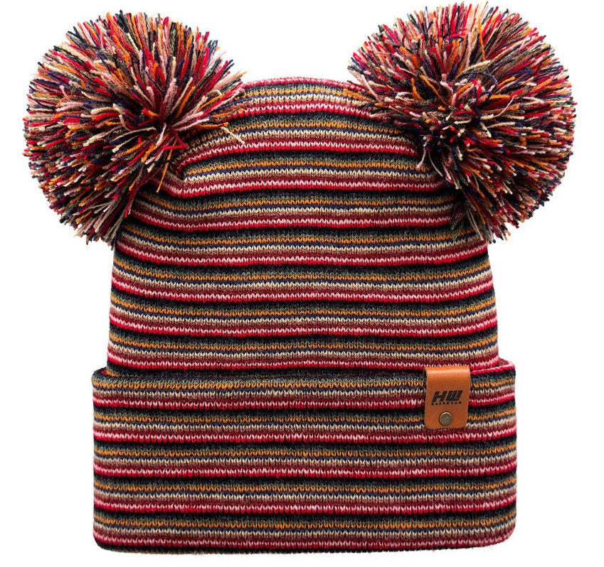 Patented H Stitch Beanie, Double Pom Pom, Multi Color
