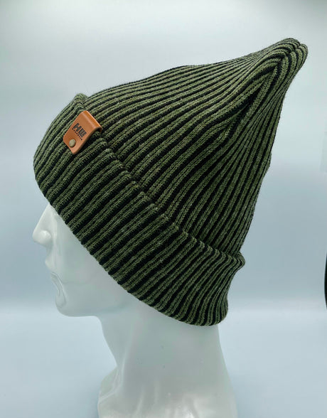 HAAKWEAR Cuffed Wide Ribbed Striped Beanie / Hat, Black / Green, Limited Edition - Made in USA