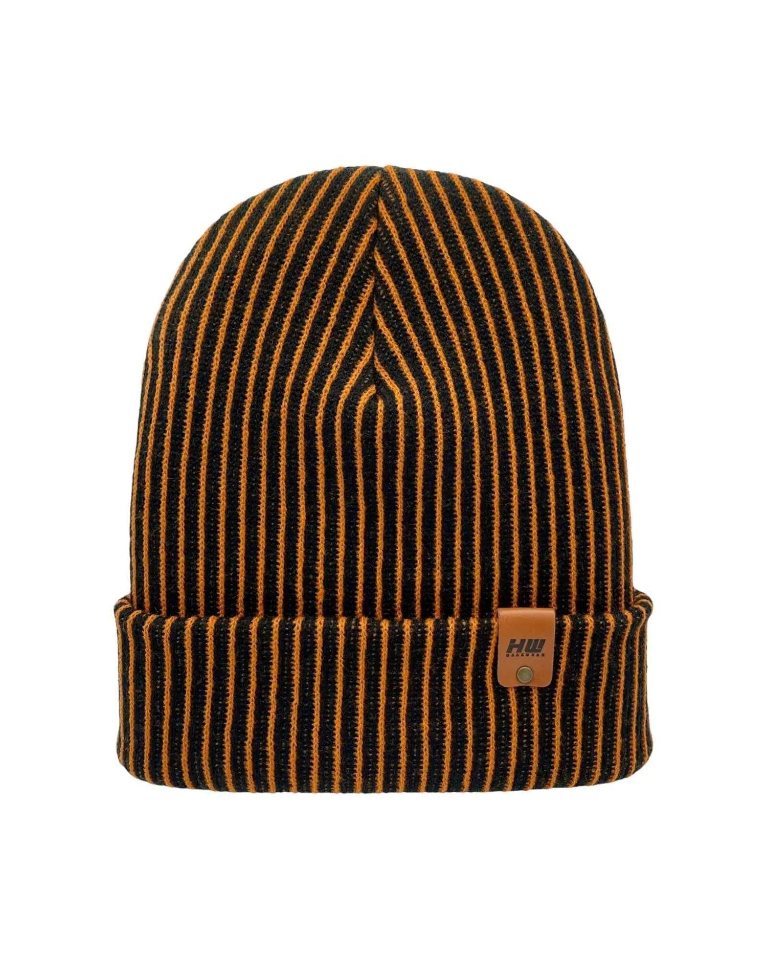 HAAKWEAR Cuffed Wide Ribbed Striped Beanie / Hat, Black / Orange, Limited Edition - Made in USA