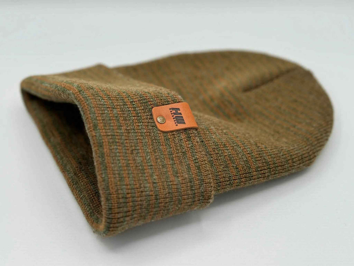 HAAKWEAR Traditional Contrast Cuffed Beanie Hat - Brown / Green, Made in USA