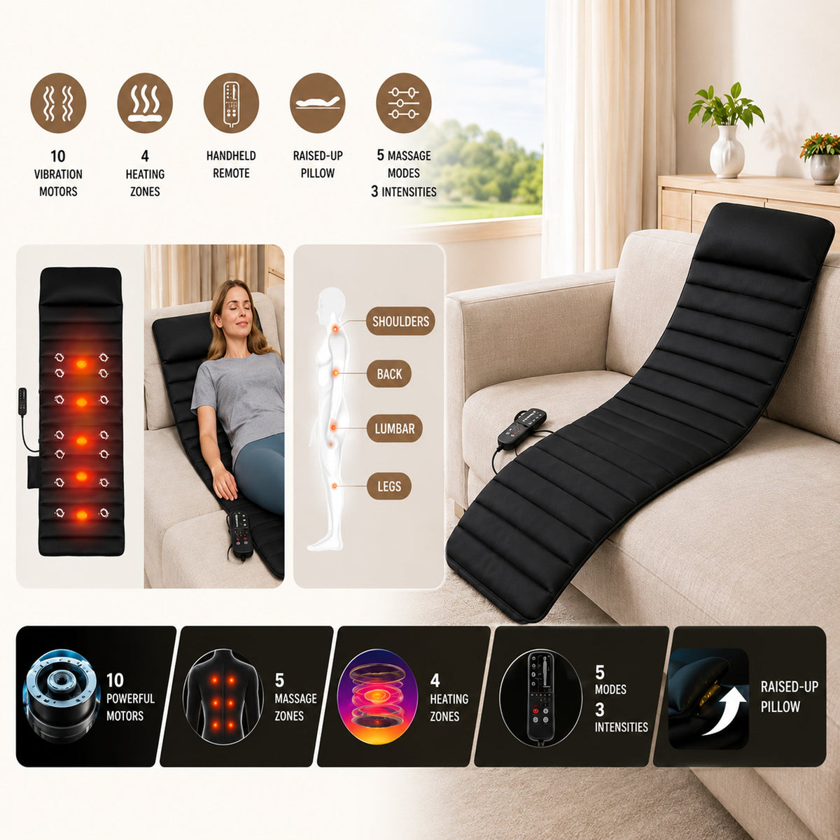 Carepeutic Targeted Zone Deluxe Full Body Massage Mat with Heat, Back Massager with 10 Vibration Motors, 4 Heating Zones, Raise-up Pillow, Foldable Relaxation Pad with 3 Selective Intensities