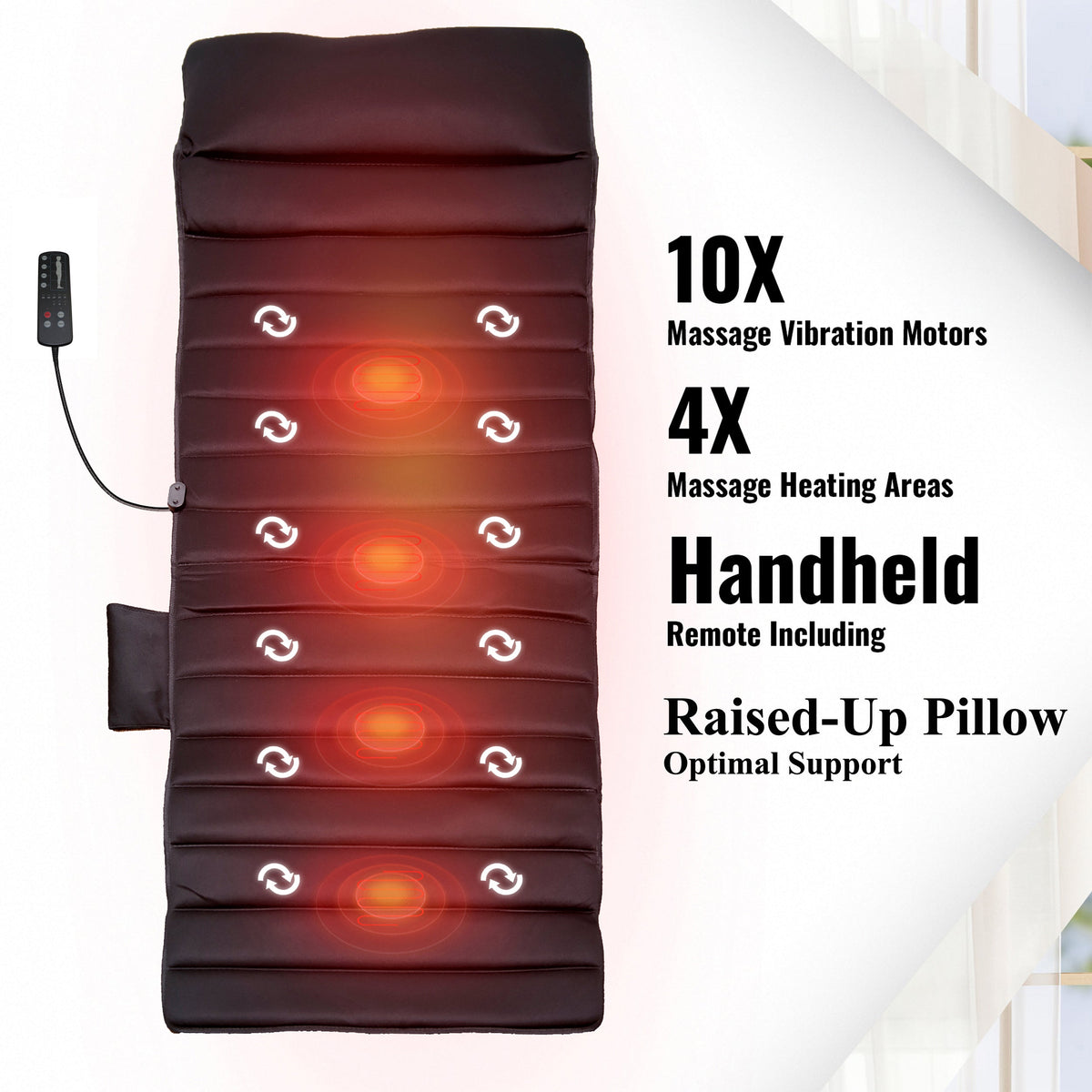 Carepeutic Targeted Zone Deluxe Full Body Massage Mat with Heat, Back Massager with 10 Vibration Motors, 4 Heating Zones, Raise-up Pillow, Foldable Relaxation Pad with 3 Selective Intensities