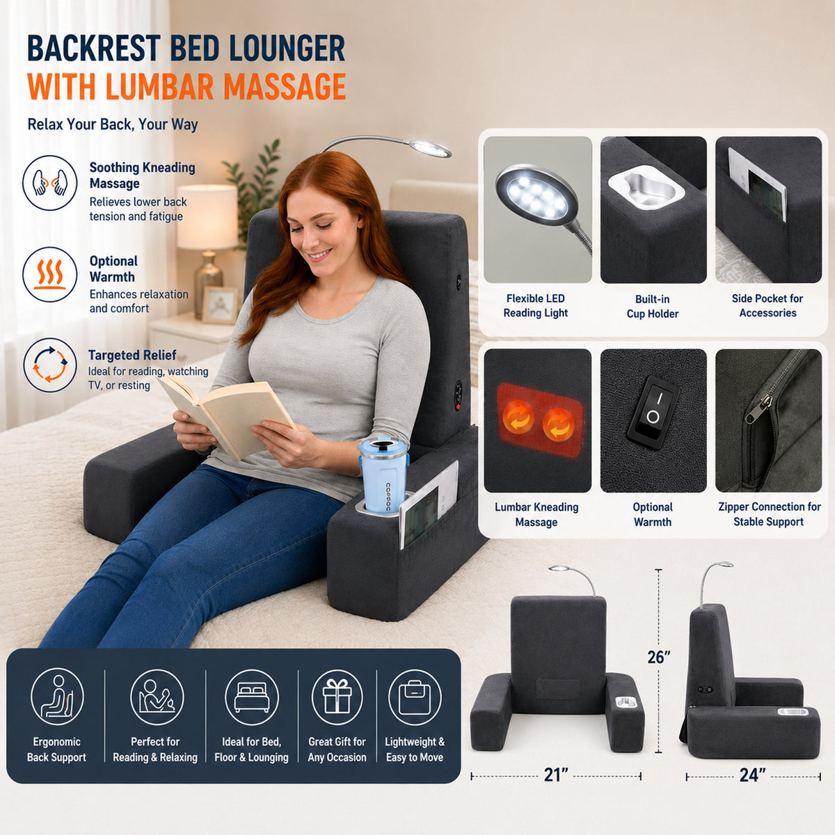 Carepeutic Backrest Bed Lounger with Soothing Warm Shiatsu Massage