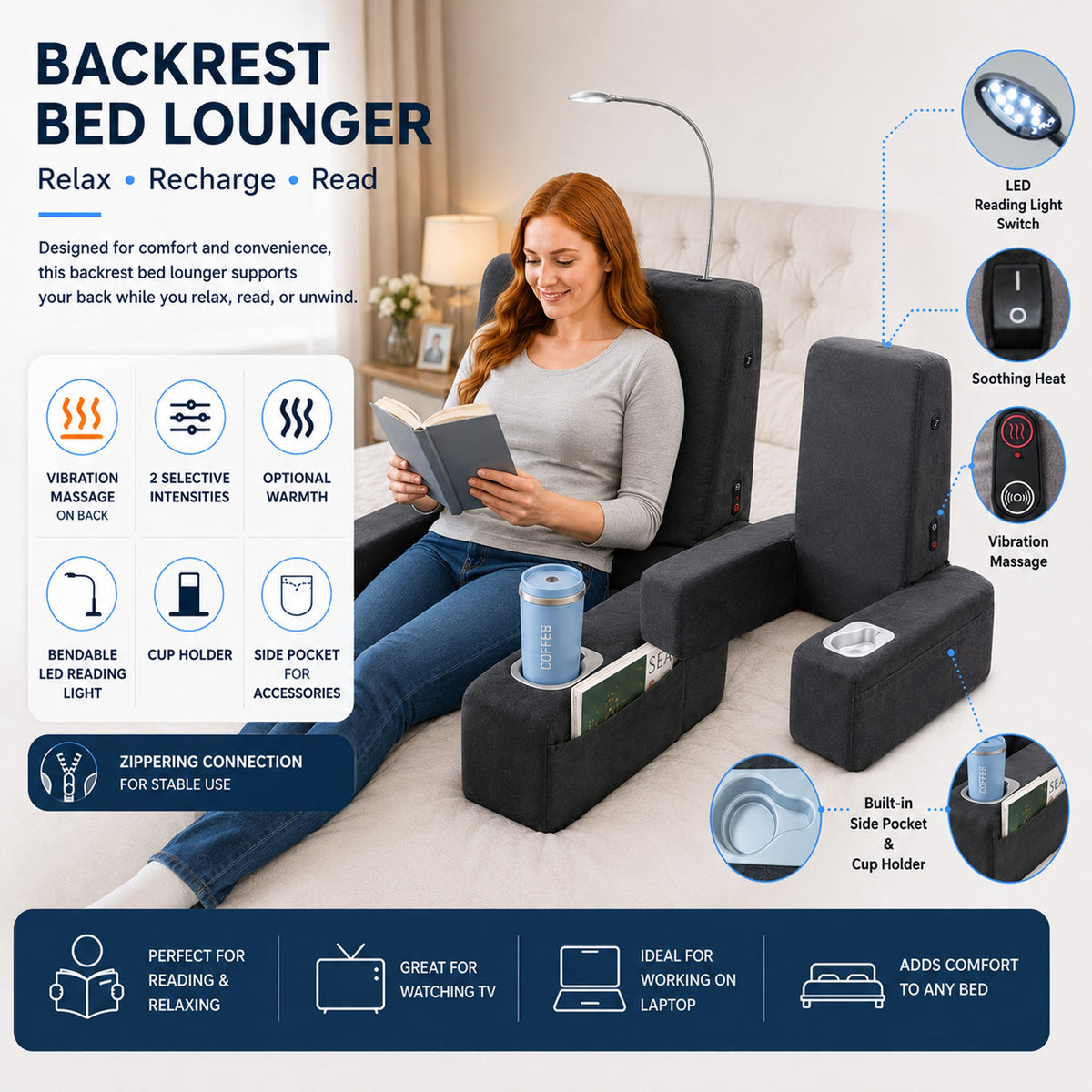 Carepeutic Backrest Bed Lounger with Heated Comfort Vibration Massage