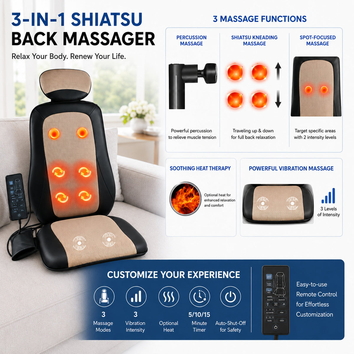 Carepeutic Kneading Rolling Vibration Massage Chair Cushion, Back Massager with Heat Massage, Chair Pad Kneading Back Massager for Pain Relief, Deep Tissue Chair Massage Cushion for Office or Home