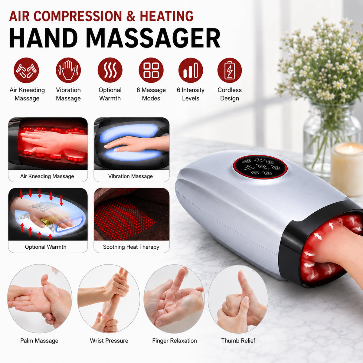 Carepeutic Acupressure Warming Hand Massager with Pulse Vibration, Kneading Massage, for Home or Office or On the Go