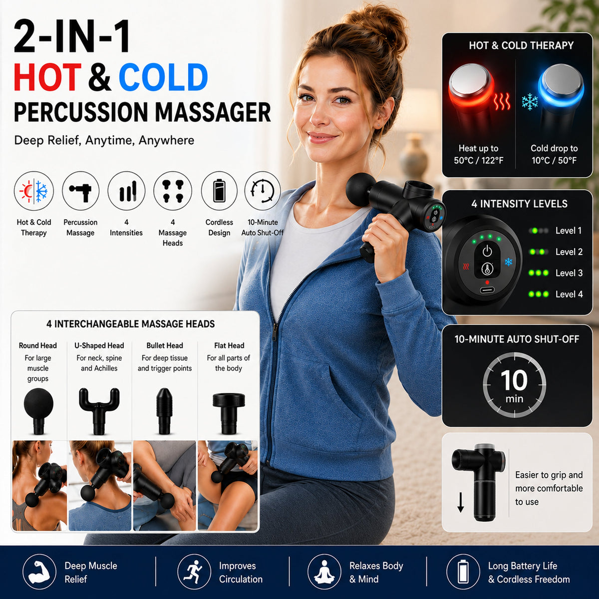 Carepeutic Cordless Heat or Cold Massage Gun, Deep Tissue Back Massage for Athletes for Pain Relief, Percussion Massager with 4 Massages Heads