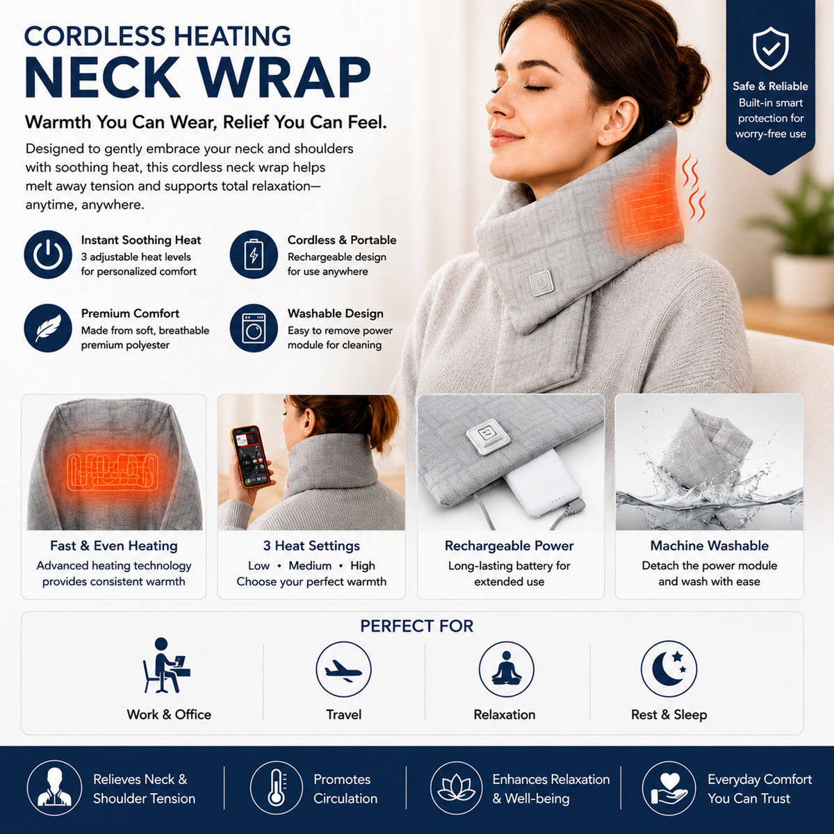 Carepeutic Cordless Wearable Washable Heating Neck Wrap, Unisex