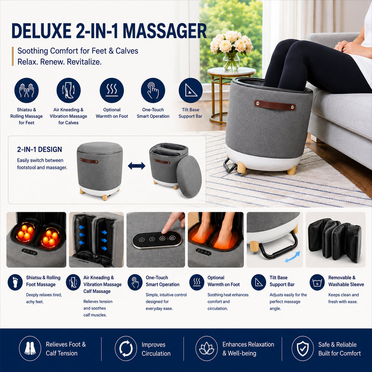 Carepeutic Comfy Home Ottoman & Shiatsu Foot Massager & Air Kneading Calf Massager