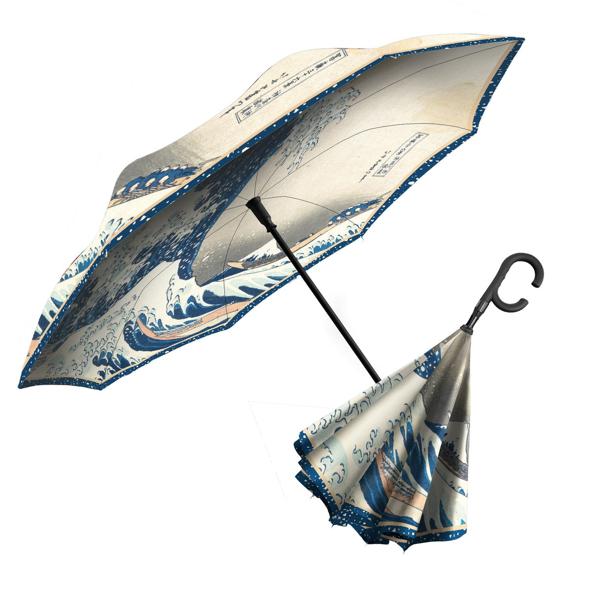 Hokusai "The Great Wave" Reverse Inverted Umbrella – Windproof, Hands-Free