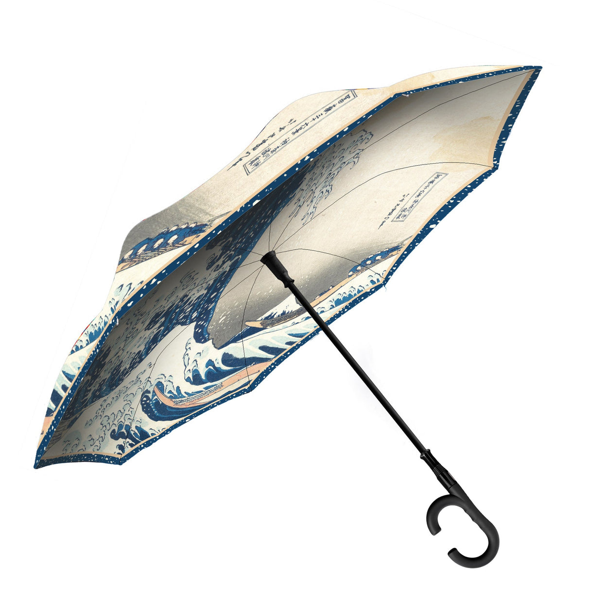 Hokusai "The Great Wave" Reverse Inverted Umbrella – Windproof, Hands-Free