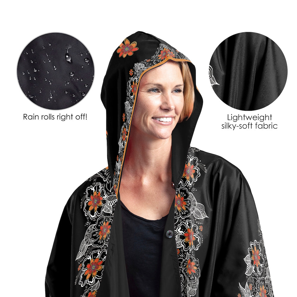 Laurel Burch Orange Blossoms Reversible Rain Cape Poncho – Lightweight Hooded Womens Wrap
