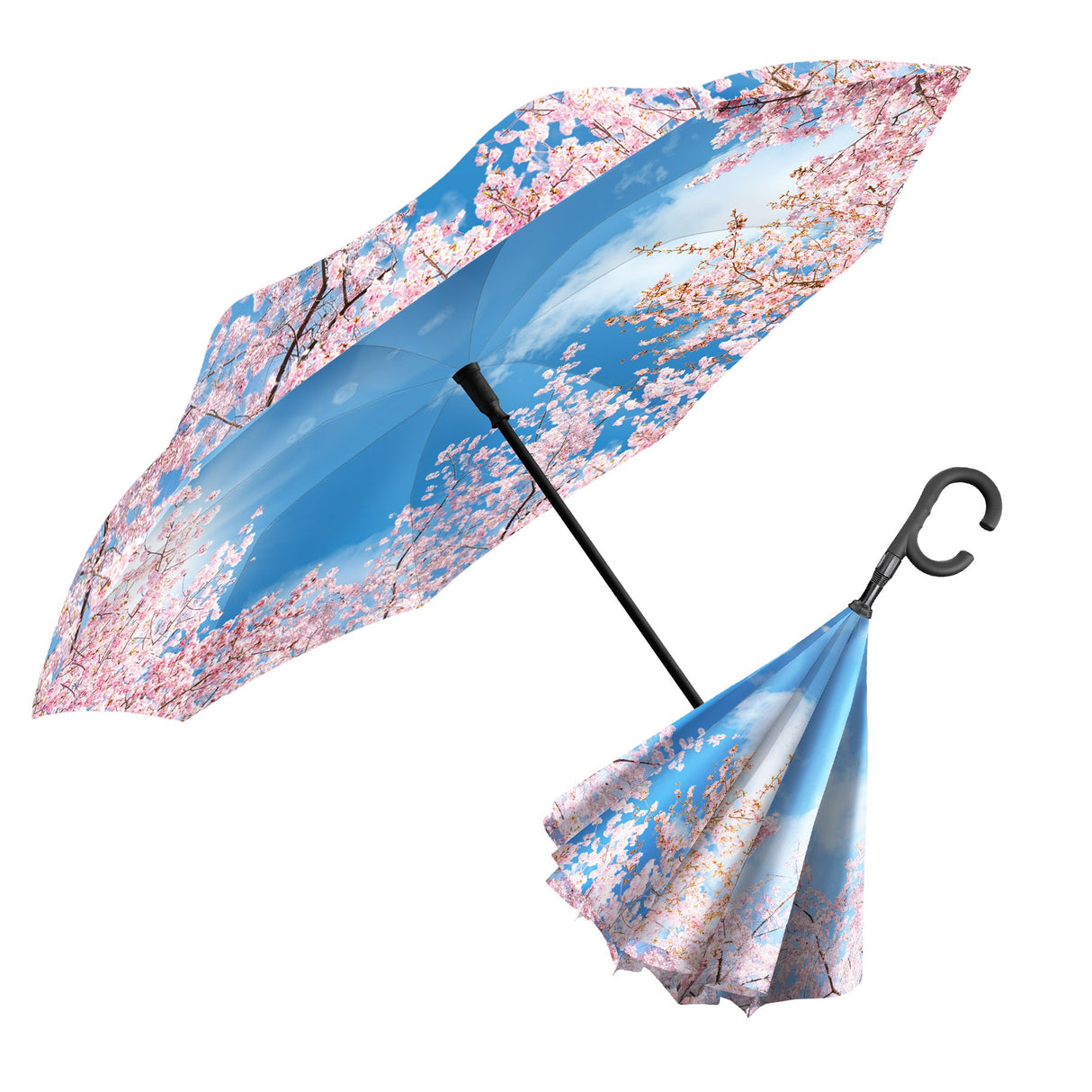RainCaper Cherry Blossoms Reverse Inverted Umbrella – Windproof, Hands-Free