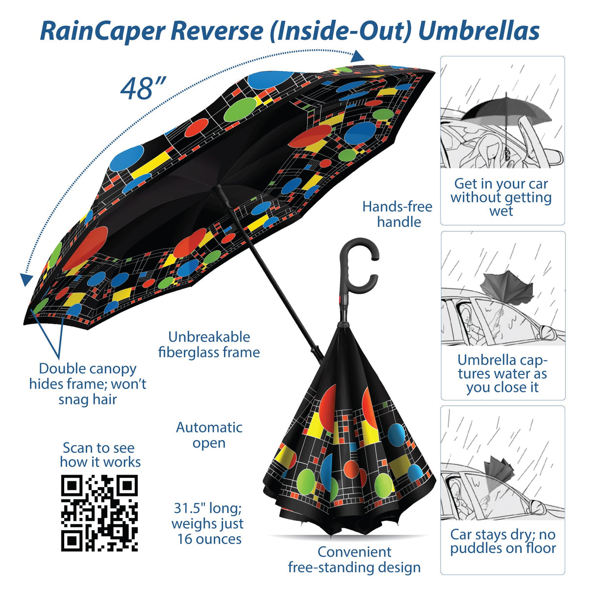 Frank Lloyd Wright "Coonley Playhouse" Reverse Inverted Umbrella – Hands-Free, Windproof Design