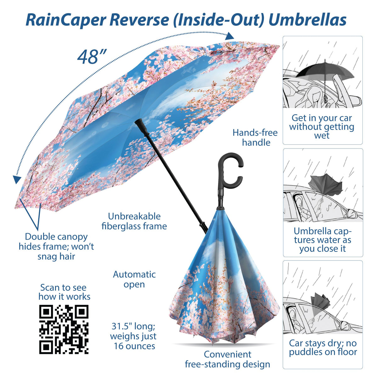RainCaper Cherry Blossoms Reverse Inverted Umbrella – Windproof, Hands-Free