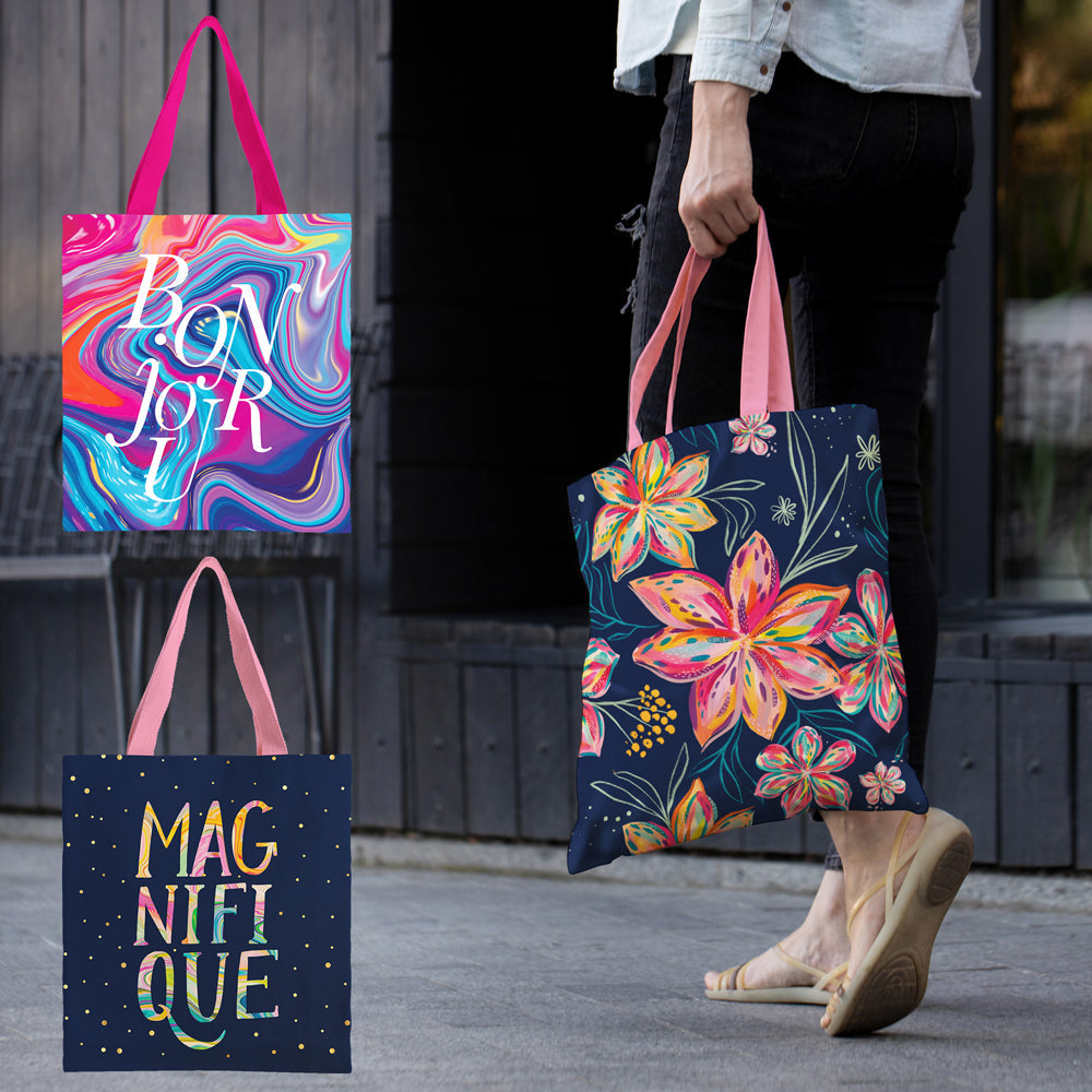 Canvas Magazine Tote Bags – Set of 3 EttaVee Blues | Lightweight Reusable Book & Travel Totes