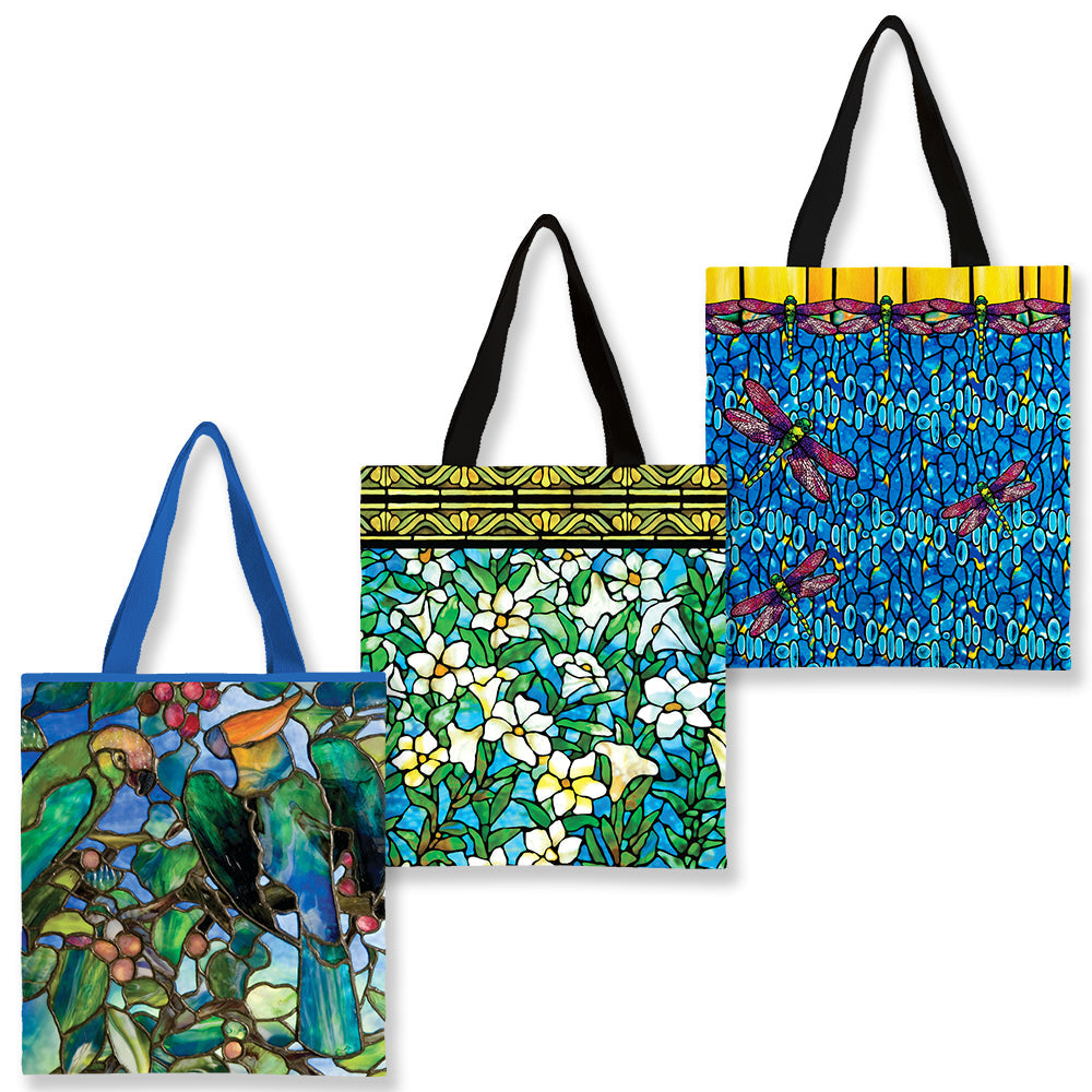 Canvas Magazine Tote Bags – Set of 3 Tiffany Stained Glass | Lightweight Reusable Book & Travel Totes