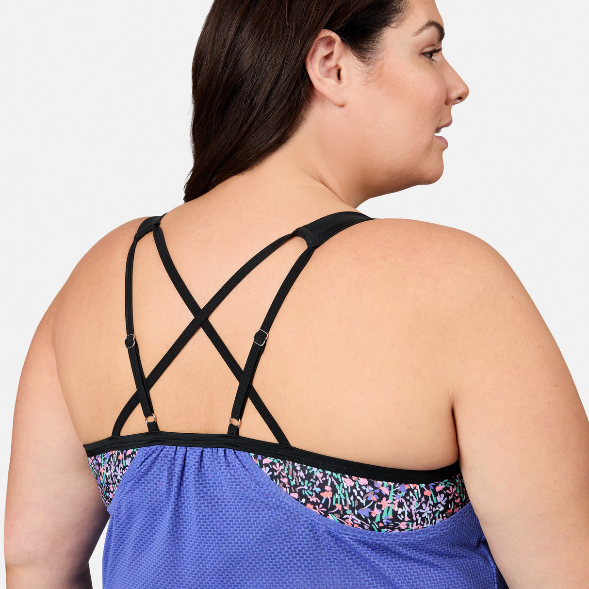 Women's Plus Size Textured Mesh Side Tie Blouson Tankini Top