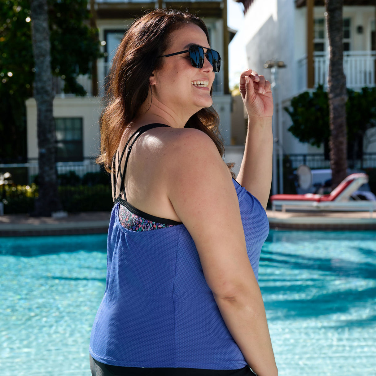 Women's Plus Size Textured Mesh Side Tie Blouson Tankini Top