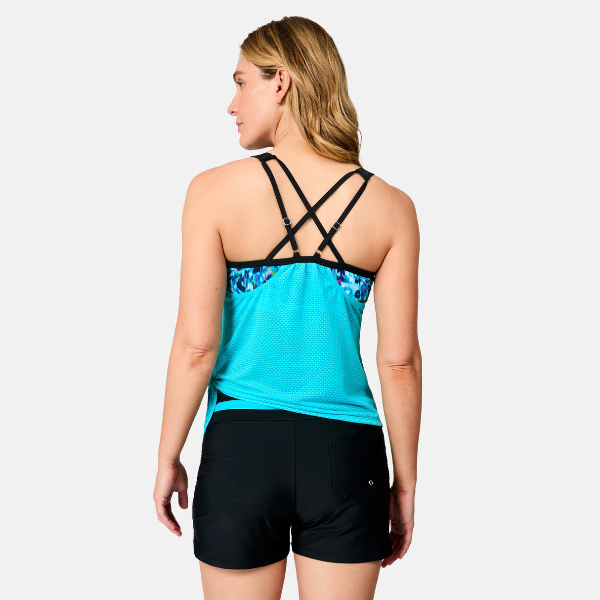 Women's Textured Mesh Side Tie Blouson Tankini Top