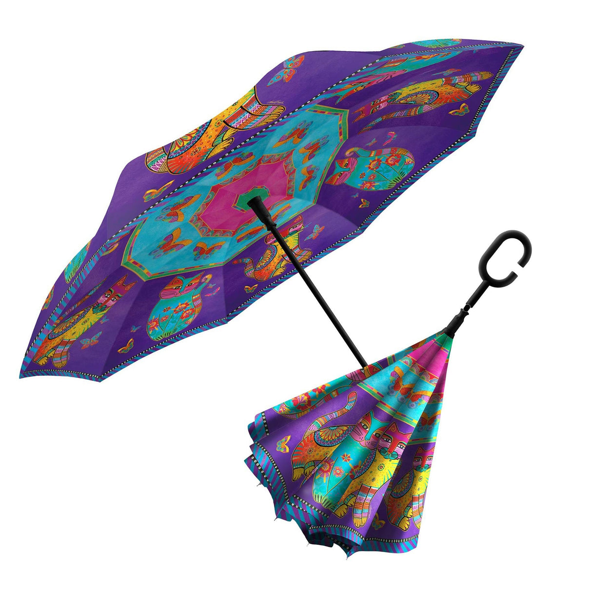 Laurel Burch Cats & Butterflies Reverse Inverted Umbrella – Windproof - Earlier Design