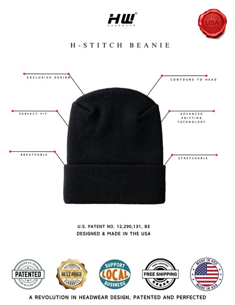 American Flag Beanie - H-Stitch Circular Knit Cuffed Beanie - Patented Design and Made in USA