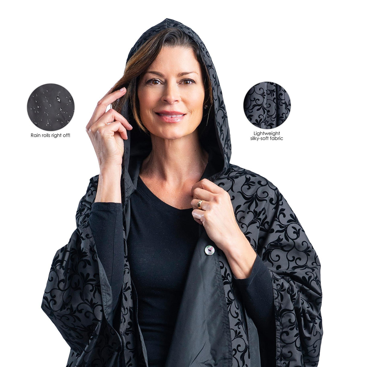 Black with Velvet Swirls Reversible Hooded Rain Cape – Lightweight Women's Wrap