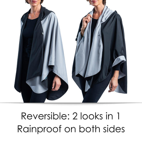 Black & Pewter Rainproof Hooded Rain Cape – Lightweight Women's Rain Wrap