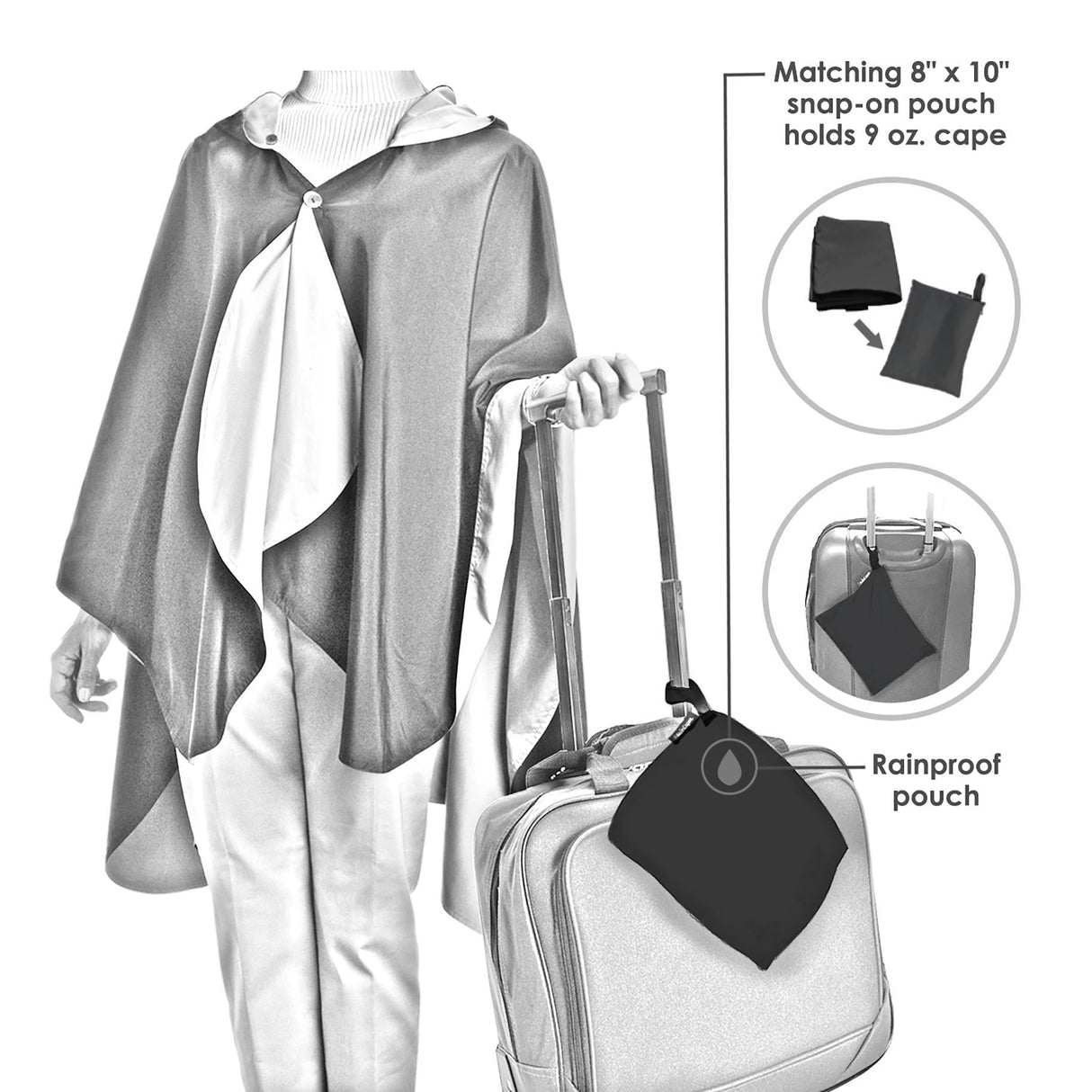 Black & Pewter Rainproof Hooded Rain Cape – Lightweight Women's Rain Wrap