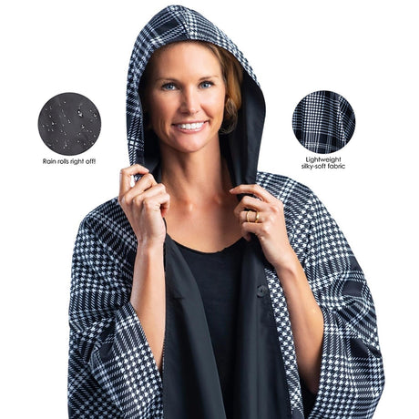 Black & Houndstooth Hooded Rain Cape – Lightweight Women's Rain Wrap
