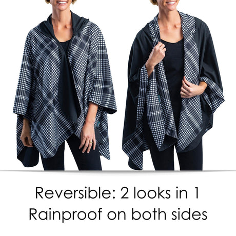 Black & Houndstooth Hooded Rain Cape – Lightweight Women's Rain Wrap
