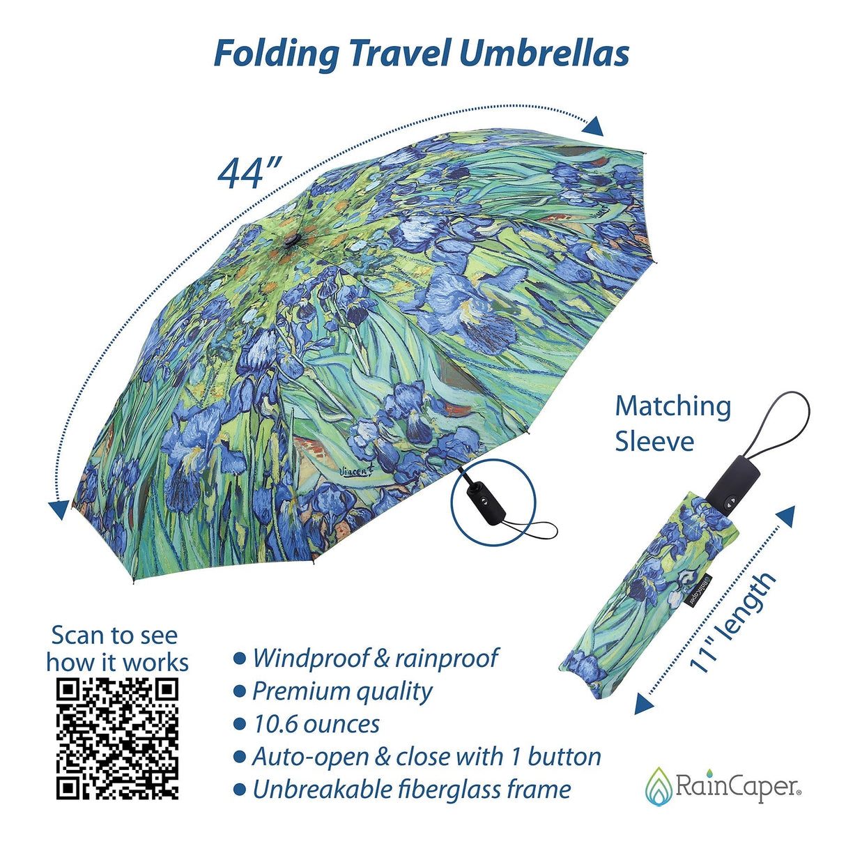 van Gogh Irises Travel Umbrella – Compact, One-Touch Open & Close