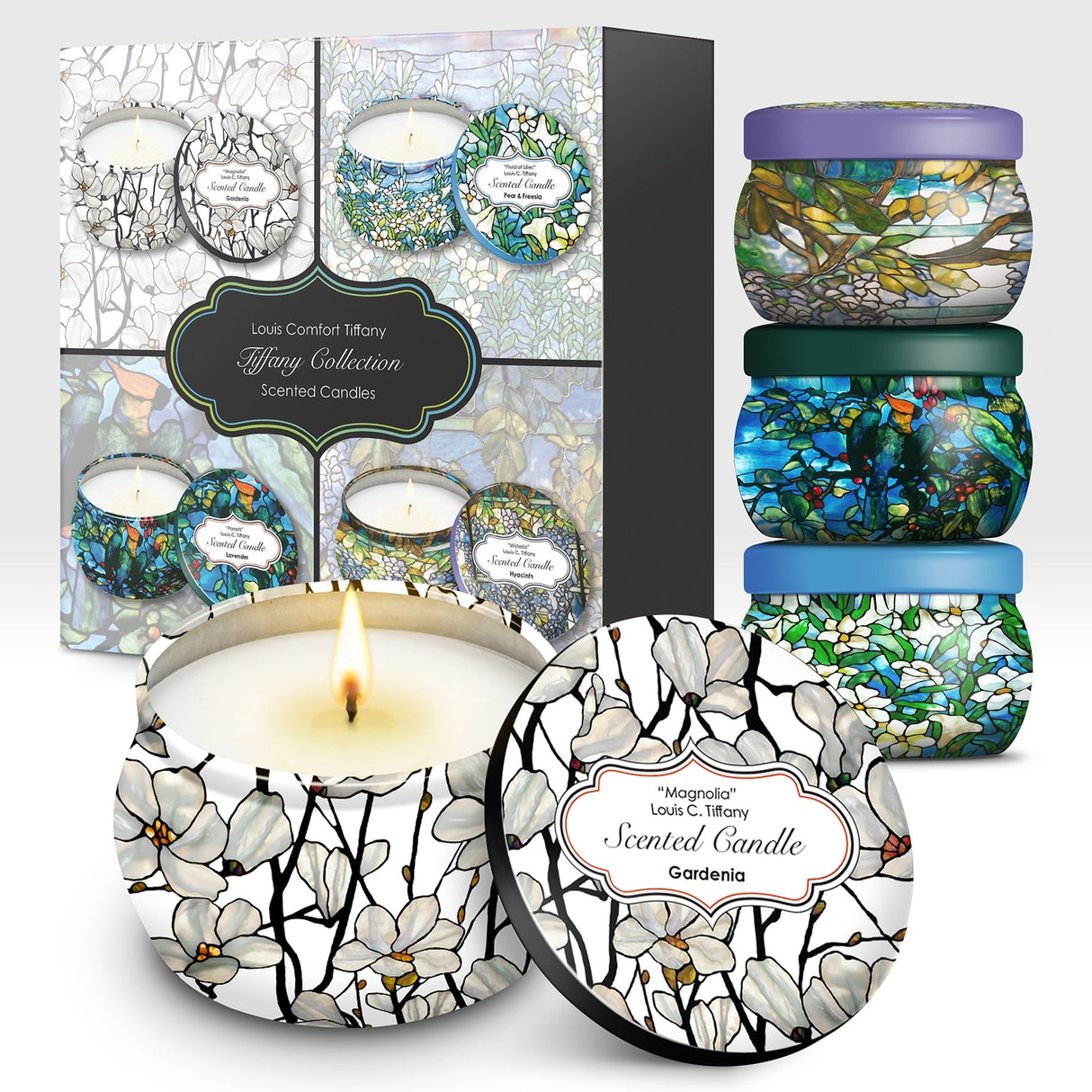 Tiffany Floral Scented Scented Clean Soy Candles - Gift Boxed Set of 4 Scents