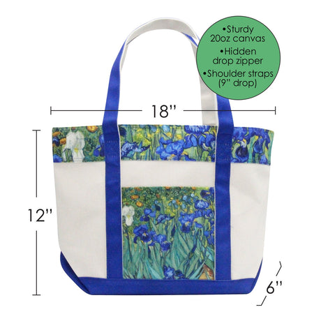 van Gogh Irises Large Canvas Boat Tote – Zipper Top & Pockets