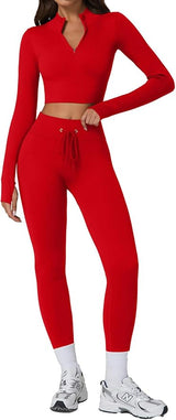 QINSEN Workout Sets for Women 2 Piece Seamless Long Sleeve Crop Tops Ribbed High Waist Leggings
