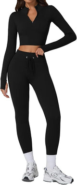 QINSEN Workout Sets for Women 2 Piece Seamless Long Sleeve Crop Tops Ribbed High Waist Leggings