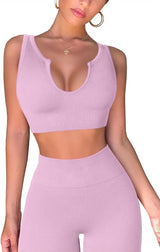 QINSEN Workout Outfits for Women 2 Piece Ribbed Seamless Crop Tank High Waist Yoga Leggings Sets