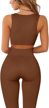 QINSEN Workout Outfits for Women 2 Piece Ribbed Seamless Crop Tank High Waist Yoga Leggings Sets