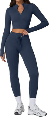 QINSEN Workout Sets for Women 2 Piece Seamless Long Sleeve Crop Tops Ribbed High Waist Leggings