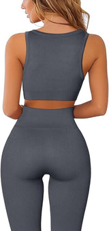 QINSEN Workout Outfits for Women 2 Piece Ribbed Seamless Crop Tank High Waist Yoga Leggings Sets