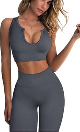 QINSEN Workout Outfits for Women 2 Piece Ribbed Seamless Crop Tank High Waist Yoga Leggings Sets